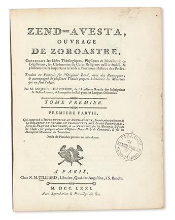 ZOROASTER.  Anquetil-Duperron, Abraham-Hyacinthe, translator and editor. Zend-Avesta, Ouvrage de Zoroastre.  2 vols. in 3.  1771